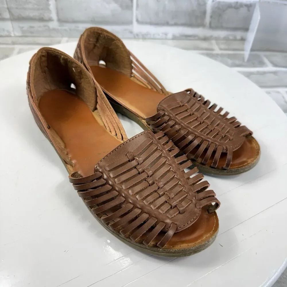 Classic Women's Size 8 Brown Leather Huarache Flats Comfort Open Toe Sandals